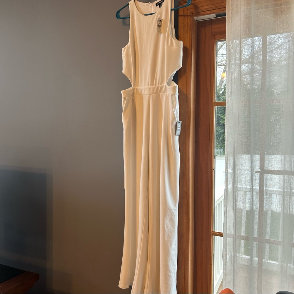 Express White Sleeveless Jumpsuit with High Neckline and side cutouts PETITE Med